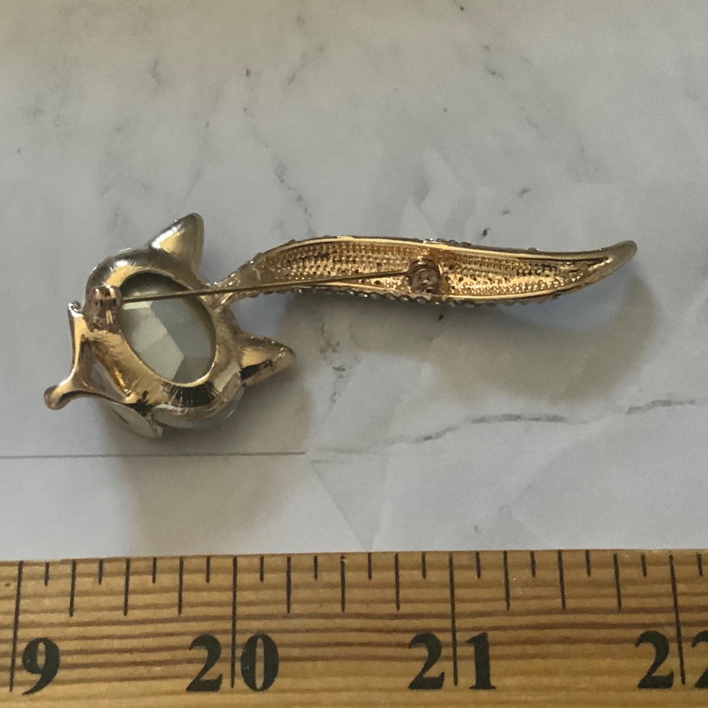 Vintage Enamel Fox Brooch Amber Crystal Rhinestone Gold Tone Animal Pin 3.5" - Picture 4 of 4